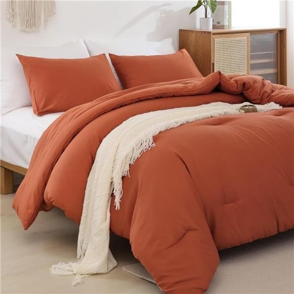 Queen Comforter Set Burnt Orange,3pcs (1Boho Terracotta Comforter& 2Pillowcases) - Picture 3 of 8